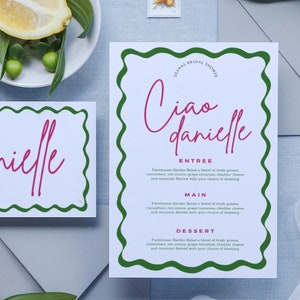 Wavy Italian Menu and Place Setting Template, Green & Pink, Digital Template, DIY, Instant Download