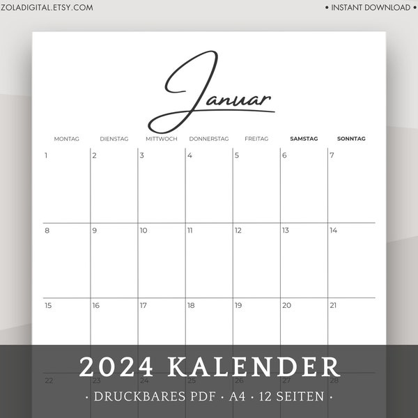 2024 Kalender zum Ausdrucken. Druckbarer  Wandkalender Monatsplaner. Digital goodnotes Kalender Vorlage.