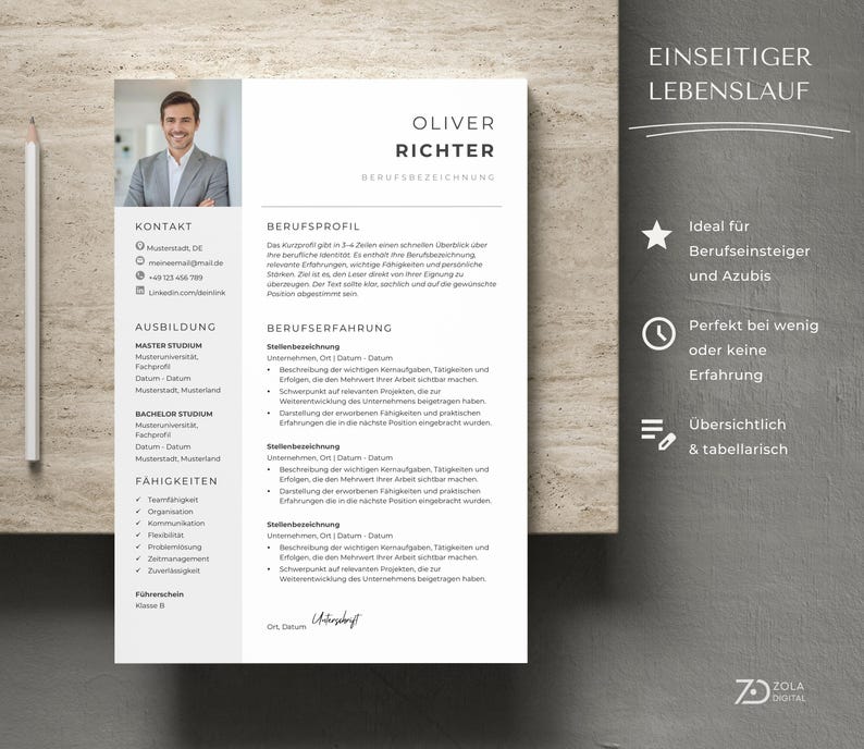 Professionelle, einseitige Lebenslauf-Vorlage in modernem, minimalistischem Design mit grauem Seitenbalken für Kontaktinfo und Fähigkeiten. Das Layout ist übersichtlich und perfekt für Architekten, Designer oder Office-Manager geeignet. moderne lebenslauf vorlage word deutsch, bewerbungsvorlage mit foto minimalistisch. Design by ZolaDigital