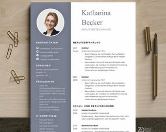 CV Template Blue German - 1 and 2 page CV, Modern application template with photo in Word, Google Docs and Pages
