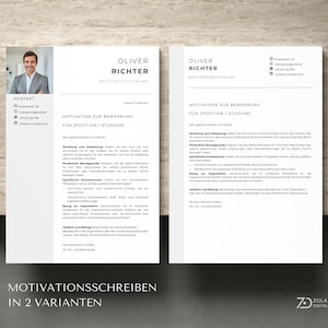 Darstellung von zwei Layout-Varianten für das Motivationsschreiben, einmal mit und einmal ohne Foto. Das Design ist konsistent zum Lebenslauf und ideal für kaufmännische Berufe oder kreative Berufe. motivationsschreiben vorlage modern deutsch, bewerbung anschreiben muster mit foto. Design by ZolaDigital