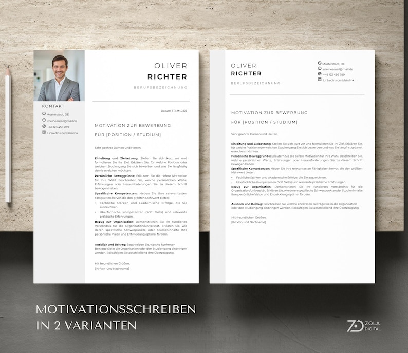 Darstellung von zwei Layout-Varianten für das Motivationsschreiben, einmal mit und einmal ohne Foto. Das Design ist konsistent zum Lebenslauf und ideal für kaufmännische Berufe oder kreative Berufe. motivationsschreiben vorlage modern deutsch, bewerbung anschreiben muster mit foto. Design by ZolaDigital