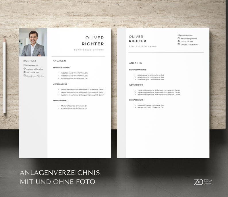 Professionell gestaltetes Anlagenverzeichnis zur strukturierten Auflistung von Arbeitszeugnissen, Diplomen und Zertifikaten. Besonders nützlich für erfahrene Fachkräfte und Ingenieure mit vielen Nachweisen. anlagenverzeichnis bewerbung vorlage word, inhaltsverzeichnis für bewerbungsunterlagen. Design by ZolaDigital