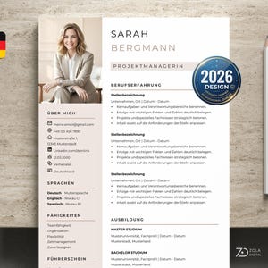 Sollicitatiesjabloon in Word-formaat - Duits cv-sjabloon met foto, motivatiebrief en titelpagina. Beige.