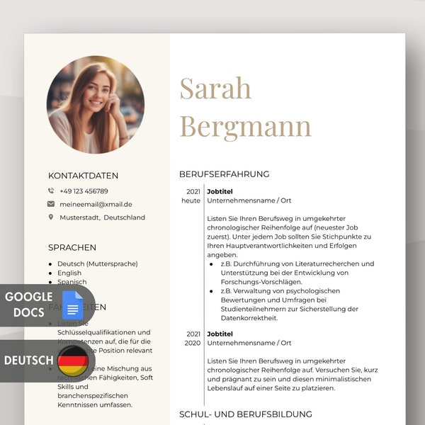LEBENSLAUF Vorlage Deutsch - Enseitiger, Moderner Bewerbungsvorlage Vorlage mit Foto in Google Docs auf Deutsch