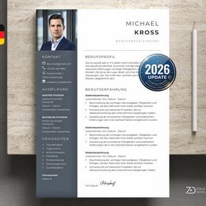 Modelo de candidatura incluindo currículo e carta de apresentação. Modelos de candidatura em azul com foto para MS Word em alemão.