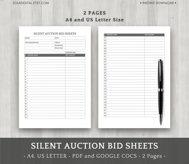 Silent Auction Bid Sheets PDF and Google Docs 2page Template in A4 and Silent Auction Bid Sheets PDF and Google Docs 2page Template in A4 and