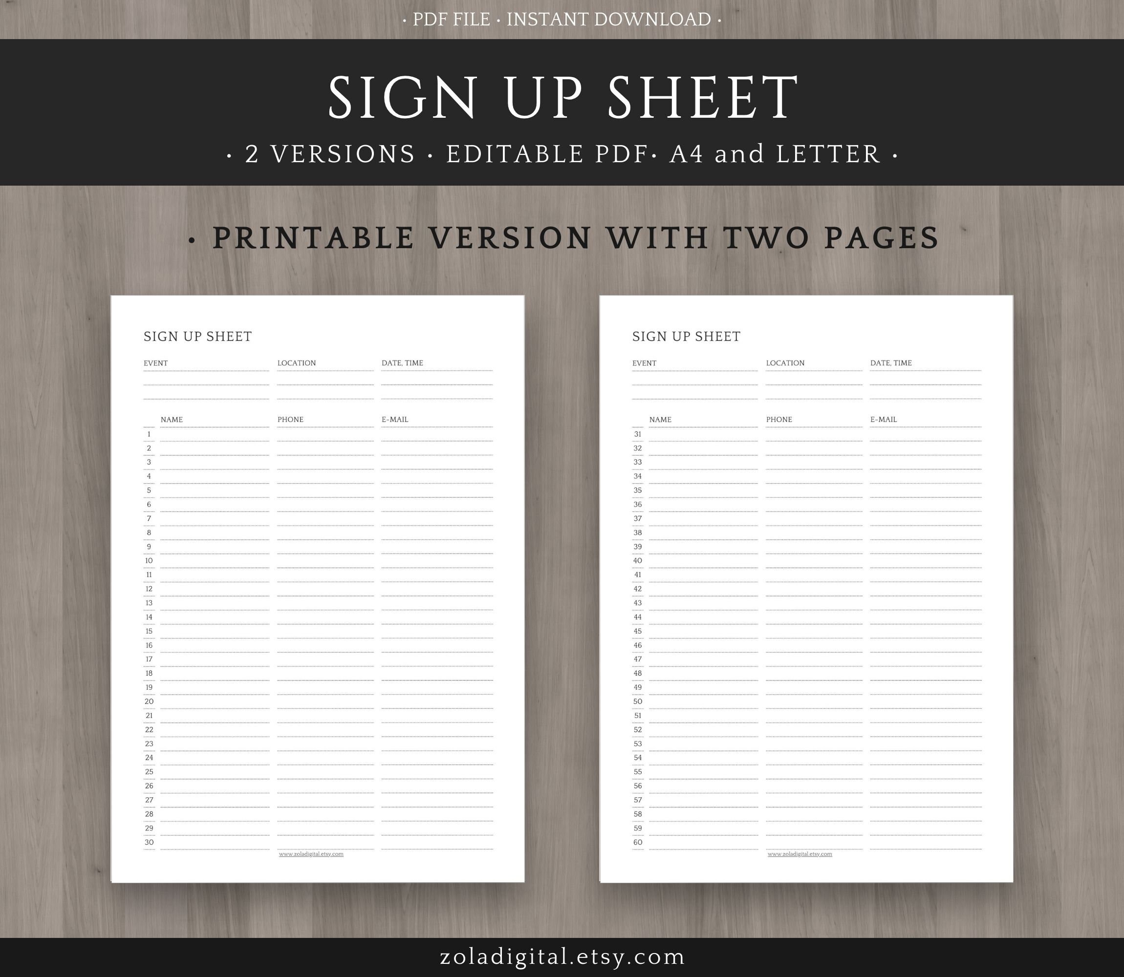 Editable Sign up Sheet. Printable Sign up Template. Phone Club - Etsy