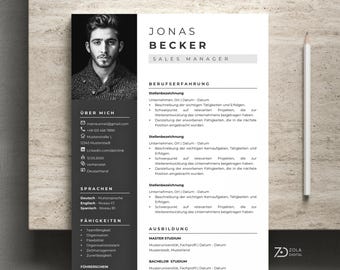 German CV template. Modern application template in black and white with photo for MS Word and Pages.