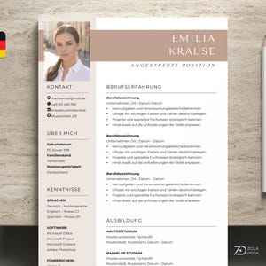 Peut inclure: Un modèle de CV avec une mise en page beige et blanche, incluant une photographie d'une personne en haut à gauche. Le document comporte des sections pour les coordonnées, l'expérience professionnelle, la formation et les compétences.