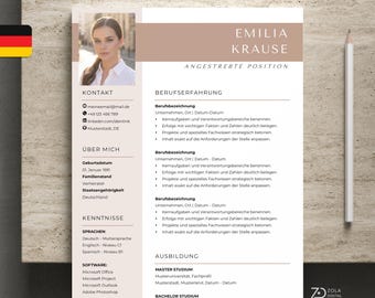 Application template in German - CV template with photo, cover letter, and title page. Beige.