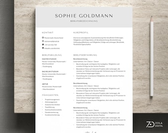 Tabular CV template without photo - Two-page, modern, simple CV template without photo, with short profile in German