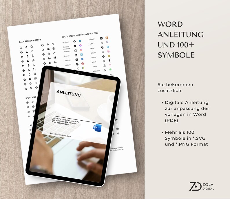 Bonusinhalte wie über 100 Icons und eine Schritt-für-Schritt-Anleitung zur Anpassung der Bewerbungsvorlage in Word. Zusätzlich erhalten Käufer ein kostenloses E-Book zum Erstellen moderner Bewerbungen mit ChatGPT. Praktisch für alle, die ihre bewerbungsunterlagen professionell gestalten möchten.
