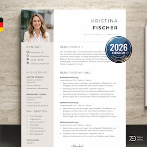 May include: A professional CV template featuring a white background with a beige sidebar, a placeholder photo of a woman, and sections for contact, education, and experience. It includes the text Kristina Fischer, 2026 Design, and Zola Digital.