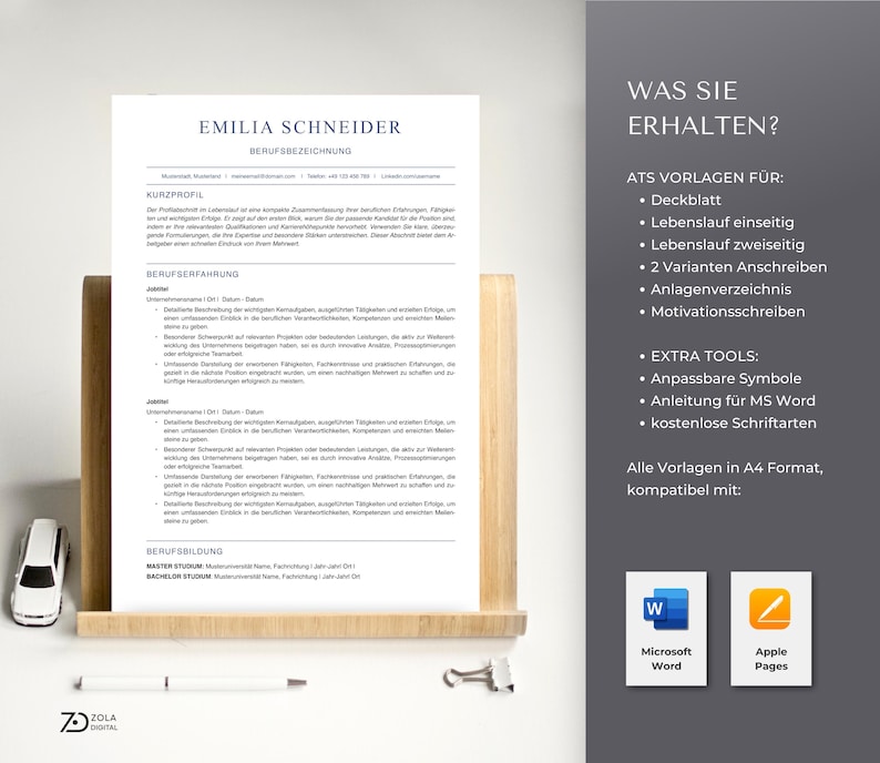 Infografik mit Vorteilen wie Zeitersparnis, sofortiger Download, strukturierter Aufbau und 100 % Bearbeitbarkeit. Die Bewerbungsvorlage enthält kostenlose Schriftarten und ist ohne Grafik. ATS-freundlich, ideal für professionelle Lebensläufe in vielen Branchen wie Finanzen, Bildung oder Verwaltung. Geeignet für Word und Pages.