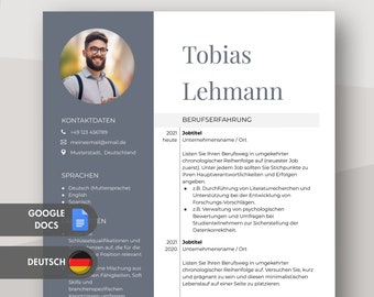 LEBENSLAUF Vorlage Deutsch - Enseitiger, Moderner Bewerbungsvorlage Vorlage mit Foto in Google Docs.