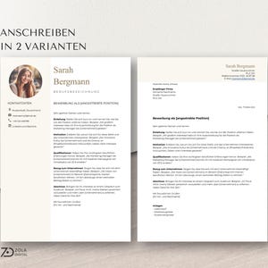 Zwei Anschreiben-Vorlagen in unterschiedlichem Stil: eine modern-kreativ, eine klassisch nach DIN 5008. Beide Designs passen zur beige-weißen Lebenslaufvorlage mit Foto. Perfekt für professionelle Bewerbungen in Deutsch für Lehrer, Projektmanager, Erzieher und kaufmännische Fachkräfte. - Design by ZolaDigital