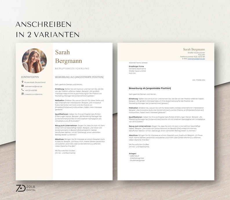 Zwei Anschreiben-Vorlagen in unterschiedlichem Stil: eine modern-kreativ, eine klassisch nach DIN 5008. Beide Designs passen zur beige-weißen Lebenslaufvorlage mit Foto. Perfekt für professionelle Bewerbungen in Deutsch für Lehrer, Projektmanager, Erzieher und kaufmännische Fachkräfte. - Design by ZolaDigital