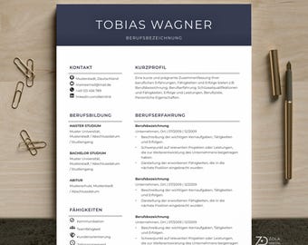 Resume template without photo - Two-page, modern, simple tabular application template, with short profile in German