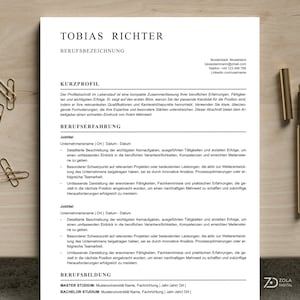 May include: A resume template with the name "Tobias Richter" at the top. The document is in black text on white paper, with a gold pen and paper clips on the side. The resume includes sections for professional experience and education.