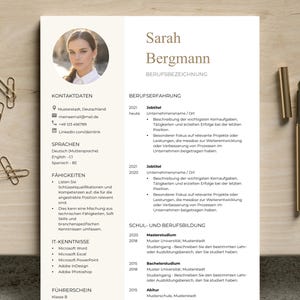 Plantilla de CV en alemán: plantilla de solicitud moderna de una página con foto redonda para Google Docs, Word y Pages en alemán.