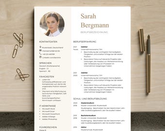CV Template in German - One-page, modern application template with round photo in Google Docs, Word and Pages in German