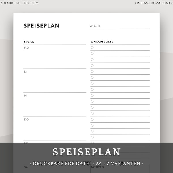 Speiseplan für die Woche mit Einkaufsliste. Druckbarer Essensplan für Familie. Wochenplan Ernährung Kinder. Menuplan zum Ausdrucken.