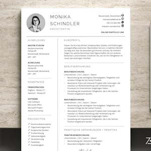 Może przedstawiać: Profesjonalny szablon CV z portretem Moniki Schindler, architekt. CV jest czarno-białe, z sekcjami dotyczącymi wykształcenia, umiejętności i doświadczenia. Biały ołówek spoczywa po prawej stronie.