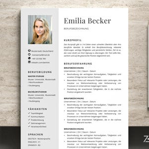 Op de afbeelding: Een zwart-wit cv-sjabloon met een foto van Emilia Becker, contactgegevens, opleiding, vaardigheden en werkervaring. Een potlood ligt aan de rechterkant van het document.