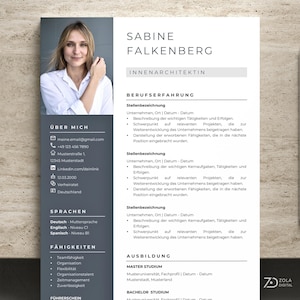 Może przedstawiać: Profesjonalny szablon CV ze zdjęciem kobiety w białej koszuli. CV zawiera sekcje z danymi kontaktowymi, umiejętnościami i doświadczeniem zawodowym. Ołówek spoczywa po prawej stronie. CV jest w języku niemieckim.