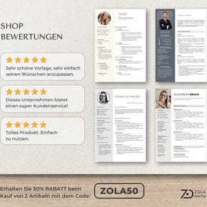 Das Bild zeigt die besten Shop-Bewertungen und vier beispiel bestseller  Bewerbungsvorlagen. Die Designs sind schwarz-weiß, schlicht, ATS-optimiert und professionell aufgebaut. Nutzbar für viele Berufe, z. B. in Verwaltung, Erziehung, Finanzen oder Management. Ideal zur Erstellung vollständiger Bewerbungsunterlagen mit Word oder Pages.