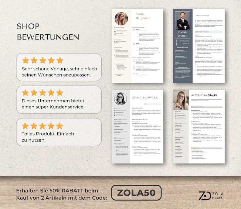 Das Bild zeigt die besten Shop-Bewertungen und vier beispiel bestseller  Bewerbungsvorlagen. Die Designs sind schwarz-weiß, schlicht, ATS-optimiert und professionell aufgebaut. Nutzbar für viele Berufe, z. B. in Verwaltung, Erziehung, Finanzen oder Management. Ideal zur Erstellung vollständiger Bewerbungsunterlagen mit Word oder Pages.
