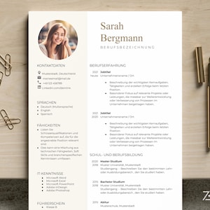 Szablon CV w języku niemieckim – Jednostronicowy, nowoczesny szablon aplikacji ze zdjęciem okrągłym w Dokumentach Google, Word i Pages w języku niemieckim