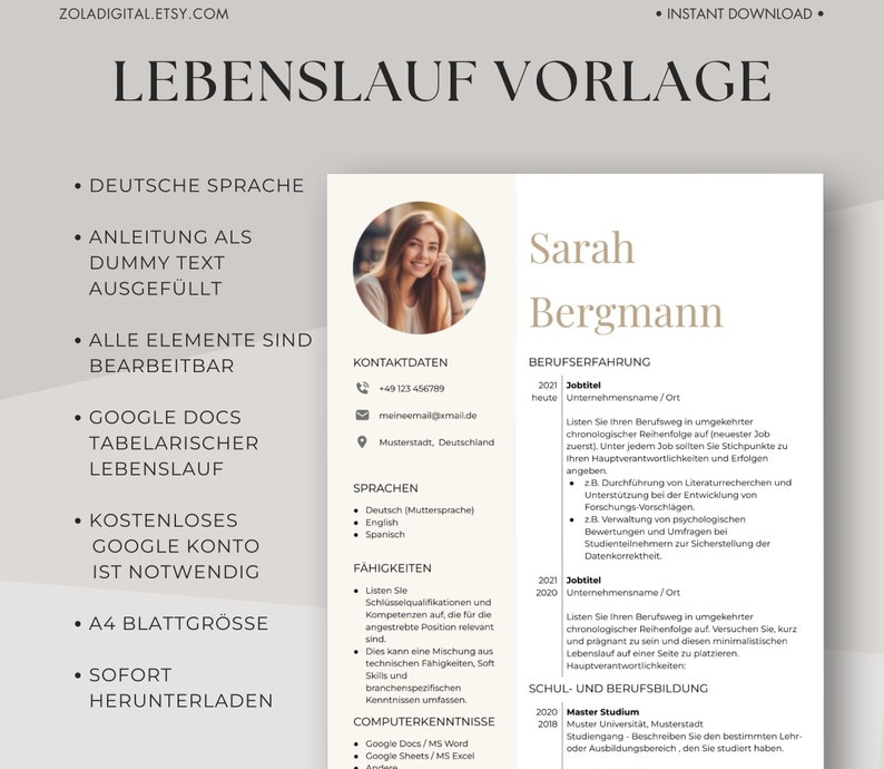 LEBENSLAUF Vorlage Deutsch Enseitiger, Moderner Bewerbungsvorlage Vorlage Mit Foto in Google