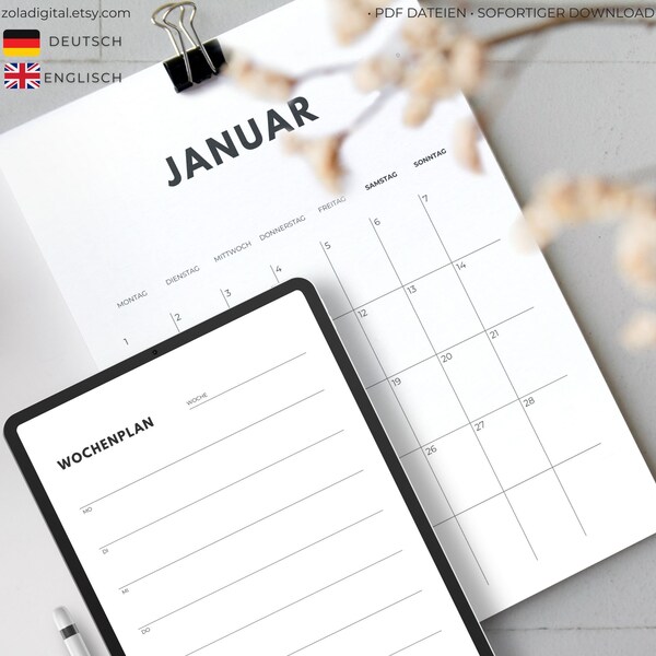 2024 Kalender und Planer mit Monatsplaner, Wochenplaner, Tagesplaner und To Do Liste.