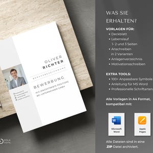 Infografik des Lieferumfangs: Deckblatt, Anschreiben, 1- und 2-seitiger Lebenslauf, Anlagenverzeichnis, Motivationsschreiben, Symbole und Anleitung. Kompatibel mit MS Word und Apple Pages im A4-Format. komplettes bewerbungspaket vorlage download, lebenslauf vorlage a4 word pages. Design by ZolaDigital