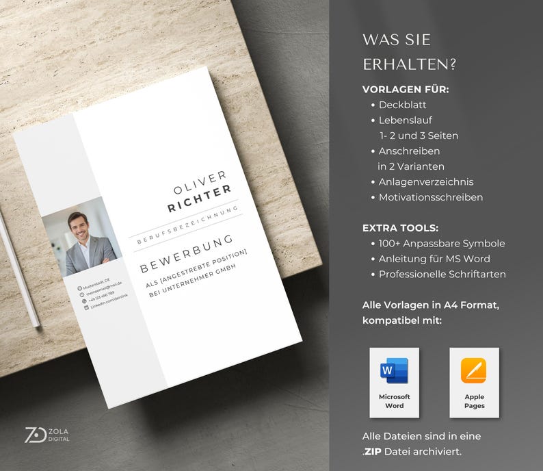 Infografik des Lieferumfangs: Deckblatt, Anschreiben, 1- und 2-seitiger Lebenslauf, Anlagenverzeichnis, Motivationsschreiben, Symbole und Anleitung. Kompatibel mit MS Word und Apple Pages im A4-Format. komplettes bewerbungspaket vorlage download, lebenslauf vorlage a4 word pages. Design by ZolaDigital