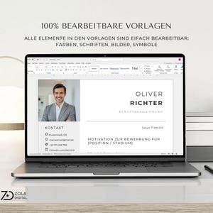 Bewerbungsvorlage an einem Laptop in Microsoft Word zur einfachen Anpassbarkeit von Texten, Schriftarten und Farben für eine individuelle Bewerbung als Sozialarbeiterin oder im Marketing. lebenslauf vorlage word einfach bearbeitbar, digitale bewerbungsvorlage zum ausfüllen.