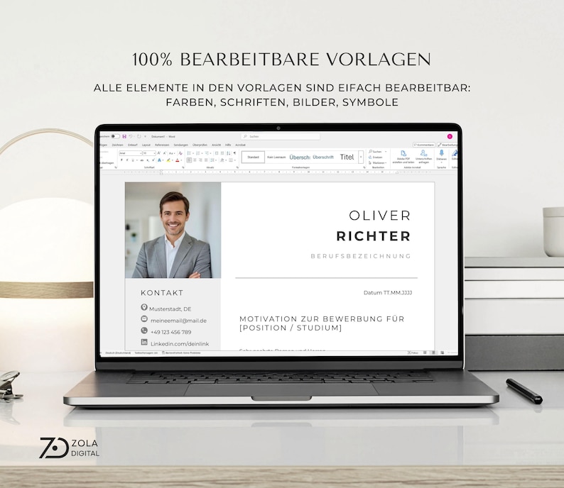 Bewerbungsvorlage an einem Laptop in Microsoft Word zur einfachen Anpassbarkeit von Texten, Schriftarten und Farben für eine individuelle Bewerbung als Sozialarbeiterin oder im Marketing. lebenslauf vorlage word einfach bearbeitbar, digitale bewerbungsvorlage zum ausfüllen.