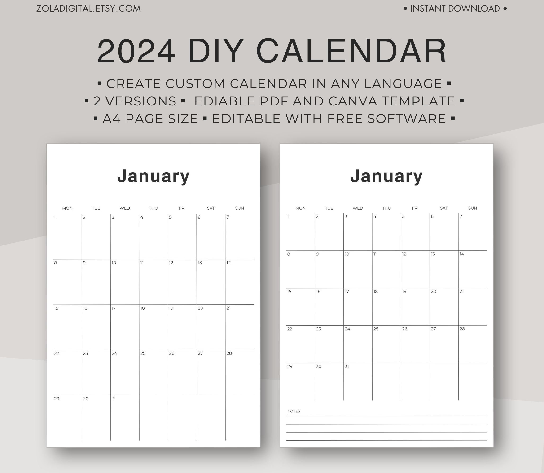 2024 Editable PDF Calendar, Editable in Canva, Perfect for Any Language
