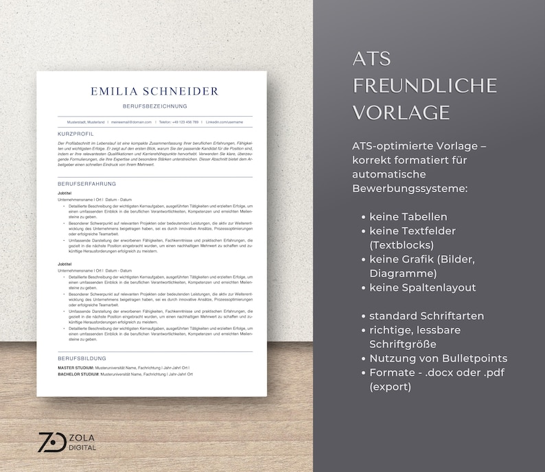 Visualisierung einer korrekt formatierten Lebenslaufvorlage: klare Überschriften, einspaltiges Layout, keine Tabellen oder Bilder. Struktur für ATS-Systeme optimiert, ideal lesbar und übersichtlich. Nutzbar für verschiedenste Berufsgruppen wie Steuerfachkräfte, Lehrkräfte oder Manager. Kompatibel mit Microsoft Word und Apple Pages.