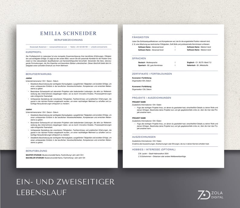 Einseitige und Zweiseitige ATS Lebenslaufvorlage mit klarer Gliederung, geeignet für lange Berufserfahrung. ATS-freundlich, schwarz-blau-weiß, ohne Bilder oder Designelemente. ATS Optimiert und  ideal für Berufe mit viel Inhalt wie Leitung, kaufmännische Berufe oder spezielle Fachbereiche. Bearbeitbar in Word und Pages, mit professioneller Struktur und frei anpassbar.