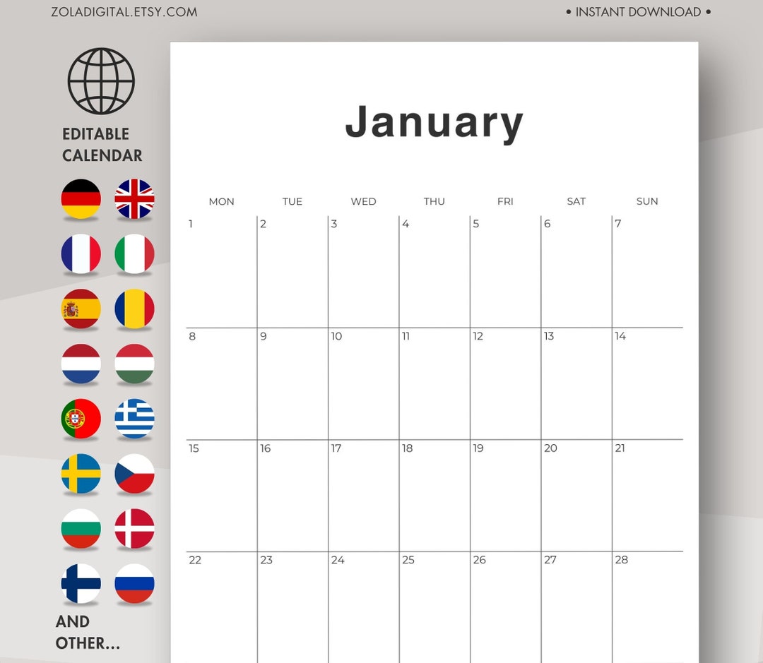 2024 Editable PDF Calendar, Editable in Canva, Perfect for Any Language