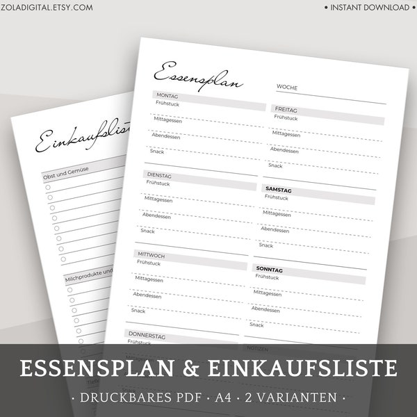 Essensplan mit Einkaufsliste. Druckbarer und Digitaler Speiseplan für Familie. Menüplan zum Ausdrucken.