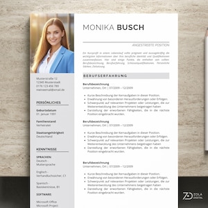 Pode incluir: Um modelo de currículo profissional com uma foto de uma mulher de blazer azul. O currículo inclui seções para informações pessoais, habilidades e experiência de trabalho. Um lápis está posicionado no lado direito.