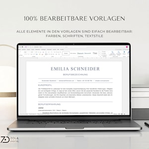 Ein digitales Mockup zeigt ein Notebook mit geöffneter Bewerbungsvorlage. Alle Elemente sind anpassbar: Schriftarten, Farben, Texte, Formatierungen. Die Vorlage ist in Schwarz-Weiß, enthält ein Kurzprofil und ist optimiert für ATS-Systeme. Ideal für Bewerbungsunterlagen in verschiedenen Branchen und vollständig nutzbar in Word und Pages.