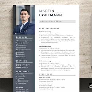 以下が含まれることがあります： スーツを着た男性の写真が入った、プロフェッショナルな履歴書のテンプレート。連絡先、スキル、職務経歴、学歴のセクションが含まれています。鉛筆が右側にあります。デザインはグレーと白です。