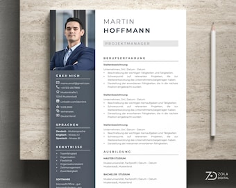 Plantilla de solicitud con currículum y carta de presentación. Plantillas de solicitud en azul con imagen para MS Word en alemán.