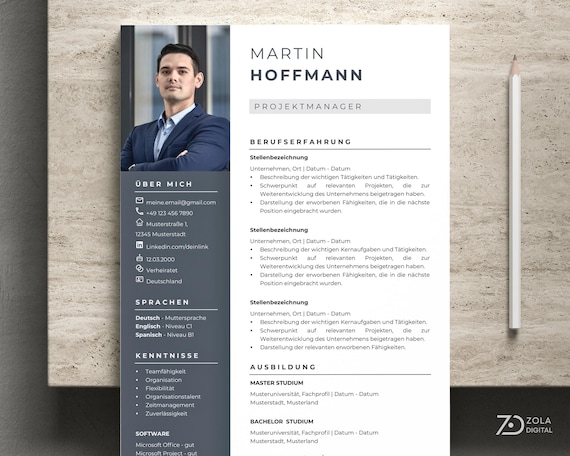 Bewerbung Vorlage mit Lebenslauf und Anschreiben. Bewerbungsvorlagen in Blau mit Bild für MS Word auf Deutsch