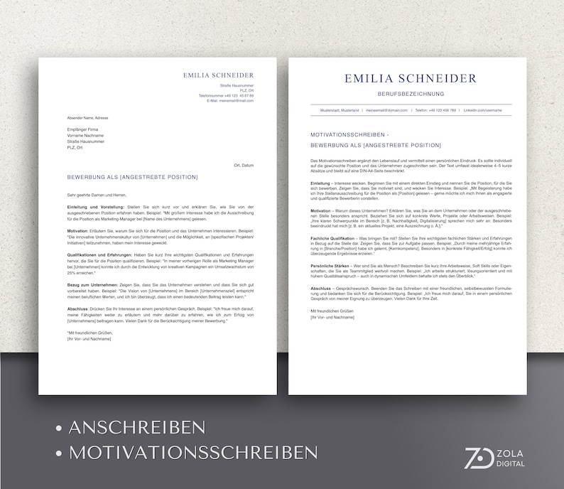 Zwei Varianten eines Bewerbungsschreibens: klassisch im DIN 5008 Format und eine kreative Version mit klarer Formatierung. Beide Vorlagen sind ohne Bilder, mit Blau-Weiß-Design und vollständig bearbeitbar. Geeignet für Bewerbung als Lehrer, Erzieherin, Manager oder Steuerfachangestellte. Kompatibel mit Word und Pages.